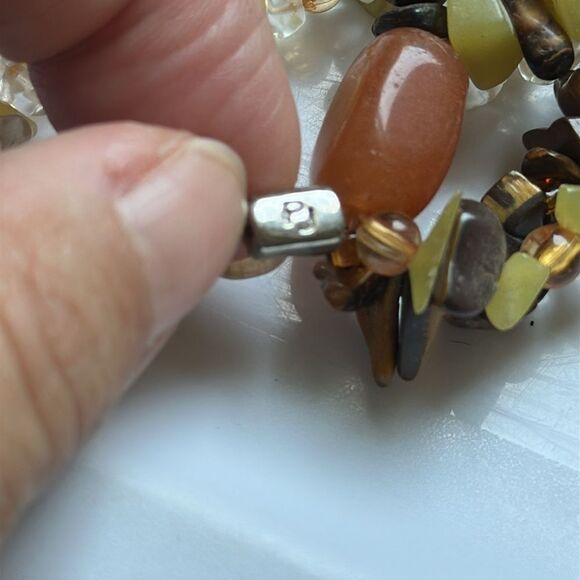 PJ 1974  Brown, Light Green & Amber Strand Stone Beaded Stretch Bracelet - Picture 4 of 6